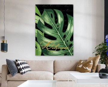 Mostera op zwart goud tekst drieluik 2 van 3 van AidasignArt