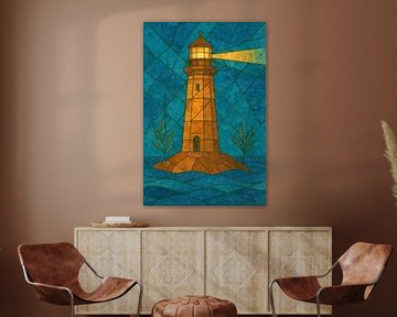 Vuurtoren in glas-in-loodstijl – maritiem lichtspel in blauw en wit