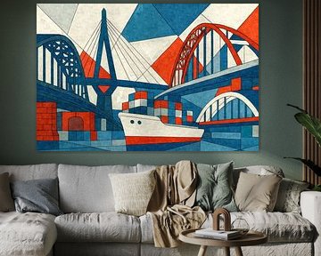 De haven van Hamburg in kubisme – bruggen, schepen en maritieme geometrie