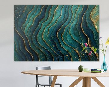 Océanique murmure – Fresque murale fluide en turquoise et or sur Sabine Wagner