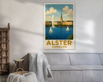 Vue sur l'Alster avec des voiliers et la fontaine de l'Alster sur Sabine Wagner