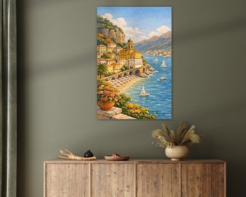 Ville côtière méditerranéenne avec voiliers et soleil sur Dodik Hariyono