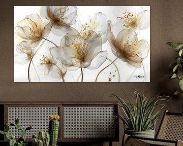 blanc et or - fleurs et plumes sur Gelissen Artworks