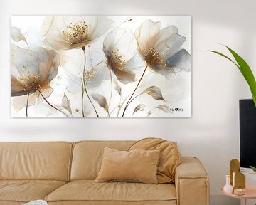 blanc et or - fleurs et plumes sur Gelissen Artworks