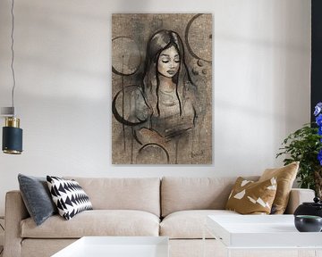 Portrait abstrait et rêveur d'une femme – Art contemporain en technique mixte