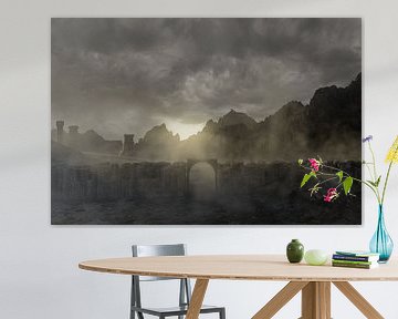 Dystopische Landschaft mit abstrakter Stadtmauer im Staub von Besa Art