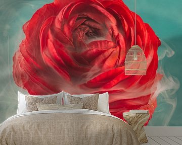 Red flower enveloped with a hint of smoke by Marjolijn van den Berg