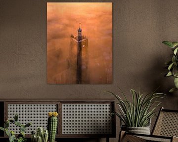 Church tower of Workum in fog at sunrise by Ewold Kooistra