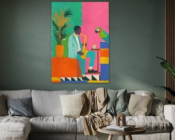 Jazzmusiker auf Podest mit Papagei von Niklas Maximilian