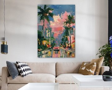 Roter Oldtimer auf Palmenallee bei Dämmerung von Niklas Maximilian