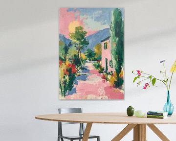 Maison rose dans un paysage vallonné en été sur Niklas Maximilian