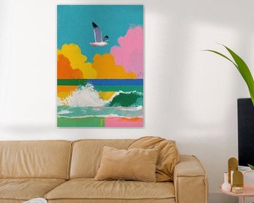 Meeuw in vlucht boven kleurrijke oceaan