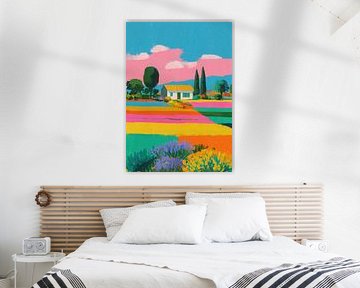 Weißes Landhaus inmitten gestreifter Farbfelder von Niklas Maximilian