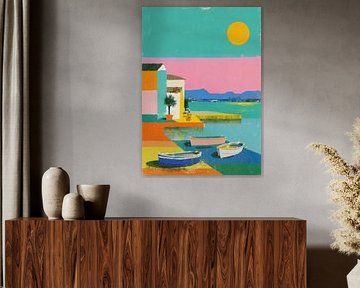 Kustpanorama met boten voor een grote gele zon van Niklas Maximilian