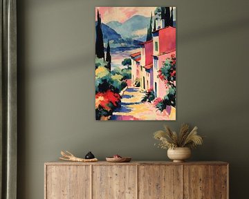 Mediterraan kustpad met roze huizen van Niklas Maximilian