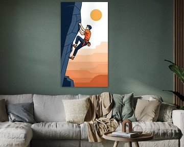 Un homme déterminé escalade une falaise abrupte dans un paysage désertique. sur Clay Artista