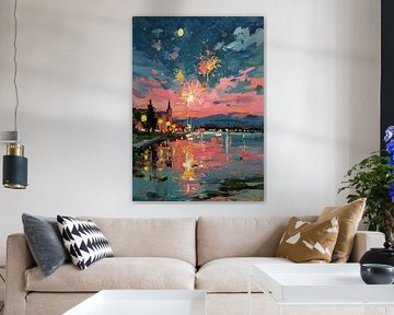 Feuerwerk über der Stadt bei Vollmond von Niklas Maximilian