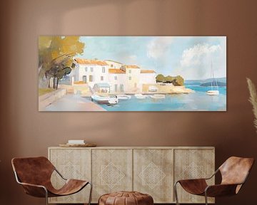 Maisons blanches au bord de l'eau sur Peintures accrocheuses