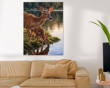 Ree met reekalf aan de oever van het meer