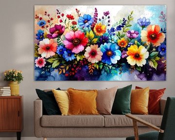 Motif floral riche en fleurs, aquarelle sur AidasignArt