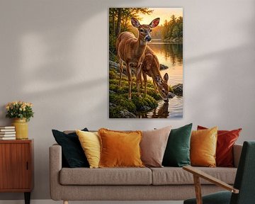 Rehe am Waldsee im Abendlicht