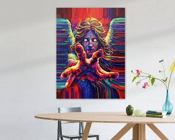 Weinender Neonengel – Mehrfarbiges Tränen-Impasto-Porträt von Ramy Salah Hefny