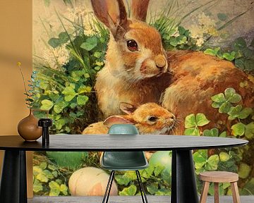 Mutterkaninchen mit Jungtier in einem frühlingsgrünen Kleefeld