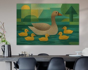 Geometrische Illustration einer Entenfamilie, die in einem Teich schwimmt. von Galerie Hoppenbrouwers