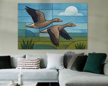 Geometrische Illustration fliegender Gänse. von Galerie Hoppenbrouwers