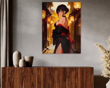 ANIME Lantern Night District - Traditional Kimono Elegance Golden Hour Glow