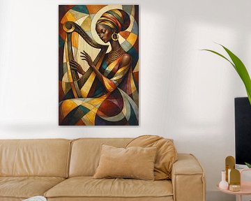 Gemälde einer Frau, die Harfe spielt. von Galerie Hoppenbrouwers
