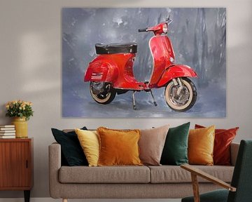 Italiaanse nostalgie – Rode scooter als aquarelkunstwerk