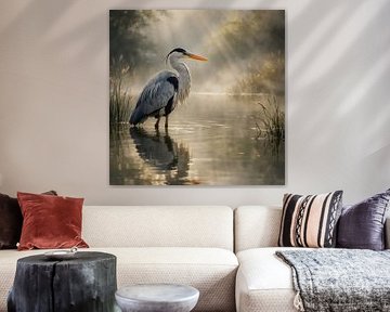 Heron at sunrise on water