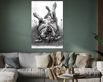 Happy Dog Rolling in Grass Zwart- & Wit Vintage Line Art