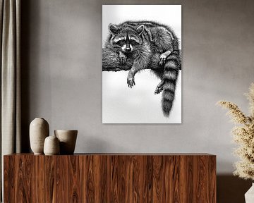 Slapende wasbeer op boomstam Vintage Vintage lijntekening