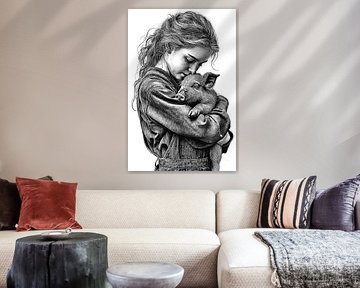 Fille embrassant un porcelet Portrait tendre Dessin vintage