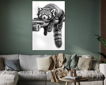 Panda roux endormi sur une bûche, dessin vintage