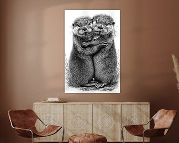 Câlins de loutres enlacées, illustration vintage