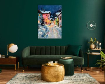 Besneeuwde stad in de schittering van de nachtelijke lichten van Niklas Maximilian