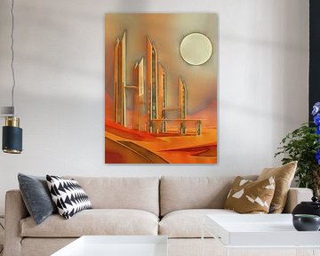 Skyline der Zukunft abstrakt bei Sonnenschein Sandfarben von Segaspics