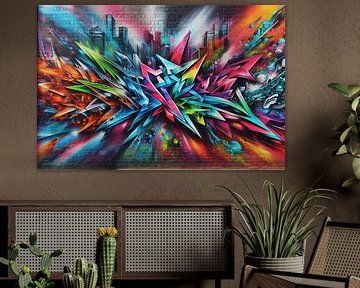 Graffiti coloré sur un mur de briques avec skyline