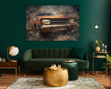 Tijdloos voertuigmotief omgeven door gefragmenteerde lijnen en vlakken van Johnny Flash