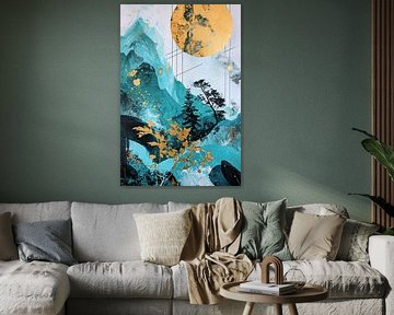 Paysage montagneux turquoise avec soleil doré