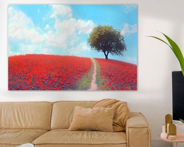 Champ de coquelicots avec arbre