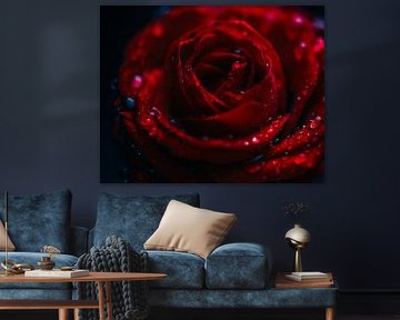 Nahaufnahme einer roten Valentinstag-Rose mit Tautropfen von Jelena Jovanovic Fine Art