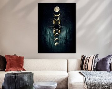 Mondphasen über nebligem immergrünem Wald von uwidya