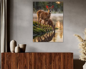 Famille de chevreuils dans la lumière dorée du matin au bord du lac