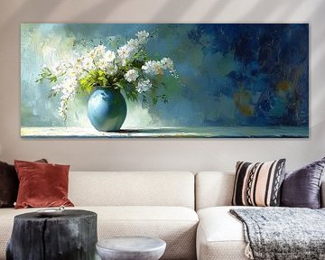 Bloemen Vaas | White Flowers in Blue Vase van De Mooiste Kunst