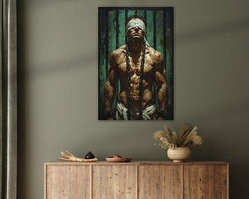 Gefangener mit verbundenen Augen in Ketten – Expressionistisches Ölgemälde über menschliches Leid und Widerstandsfähigkeit von Kimita Jennaira