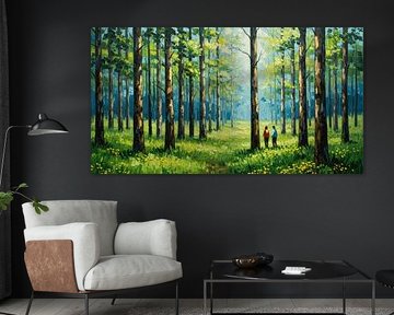 Paysage forestier impressionniste avec personnages marchant – Peinture à l'huile texturée représentant la nature et la tranquillité sur Kimita Jennaira